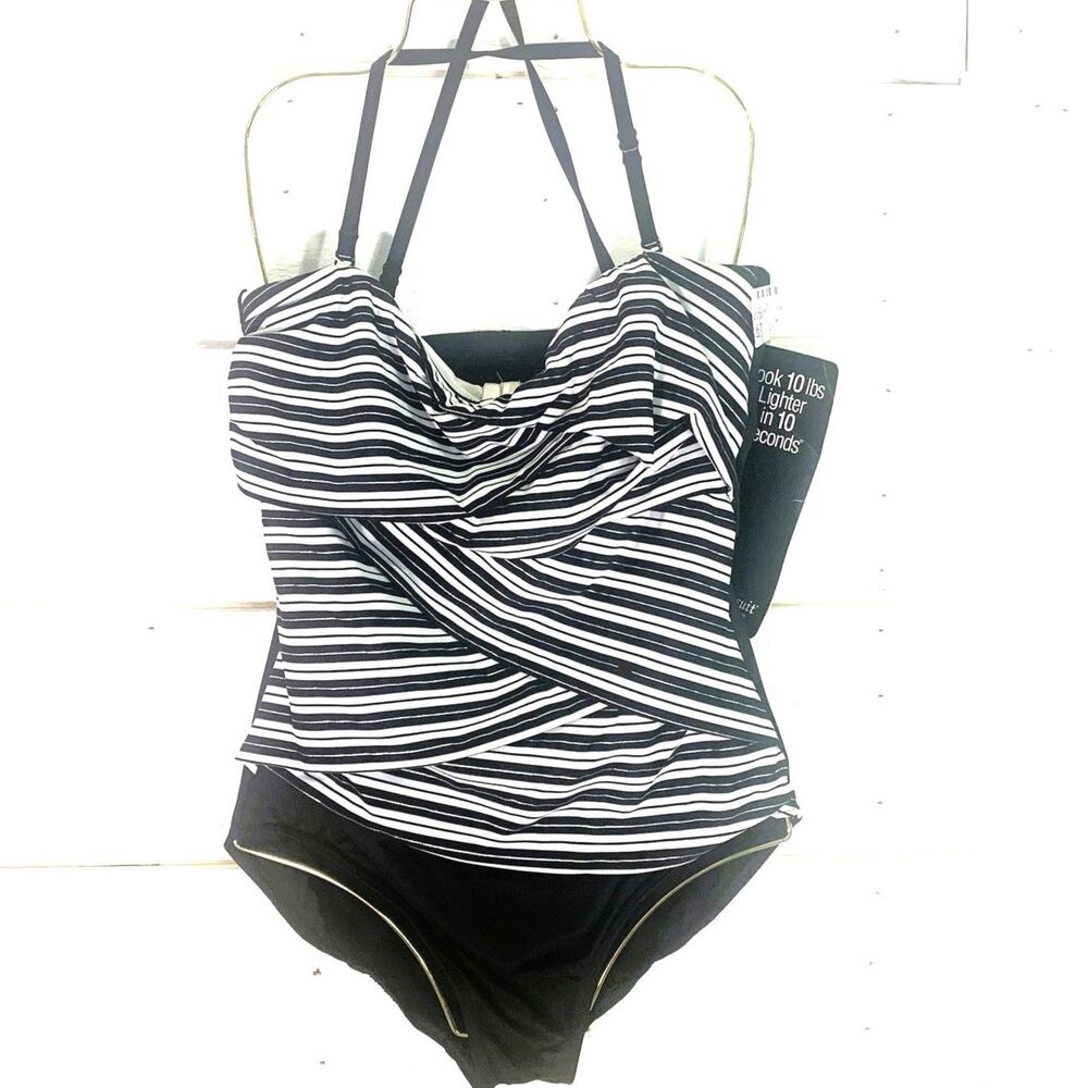 Miraclesuit Swimsuit Womens Size 14 Black White Stripe Underwire Halter NWT - Picture 2 of 5